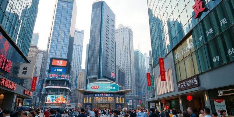 China's financial district with skyscrapers and busy streets.