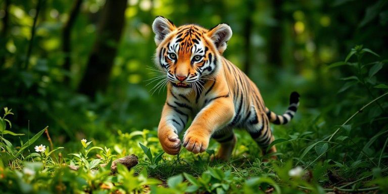 A tiger cub playing in a green forest.