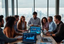 Team of data scientists collaborating in a modern office.