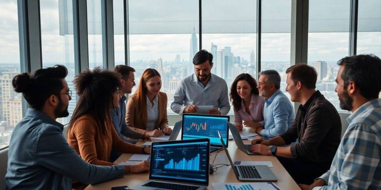 Team of data scientists collaborating in a modern office.