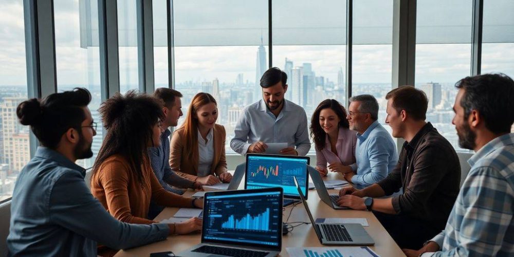 Team of data scientists collaborating in a modern office.