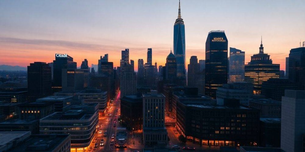 City skyline at dusk highlighting financial district buildings.