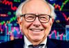 Warren Buffett smiling with financial imagery in background.