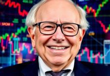 Warren Buffett smiling with financial imagery in background.
