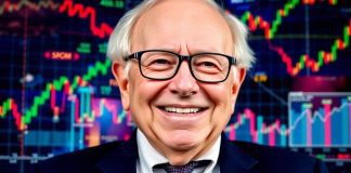 Warren Buffett smiling with financial imagery in background.