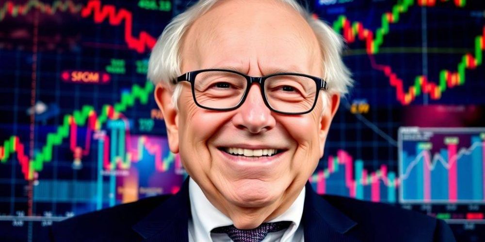 Warren Buffett smiling with financial imagery in background.