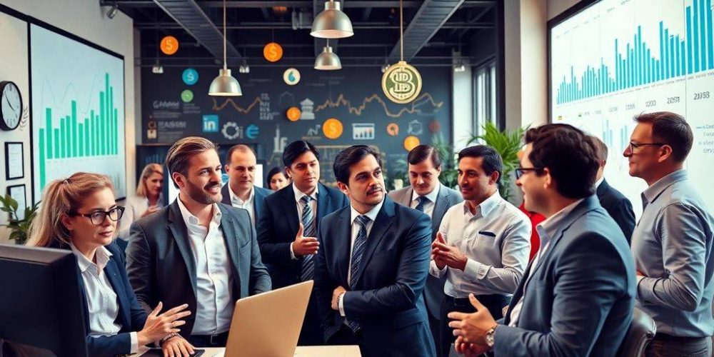 Investors discussing hedge fund strategies in a modern office.