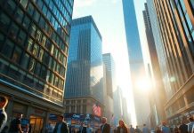 A vibrant financial district bustling with activity.