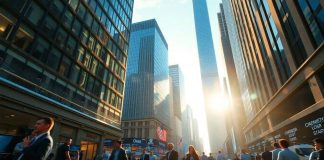 A vibrant financial district bustling with activity.