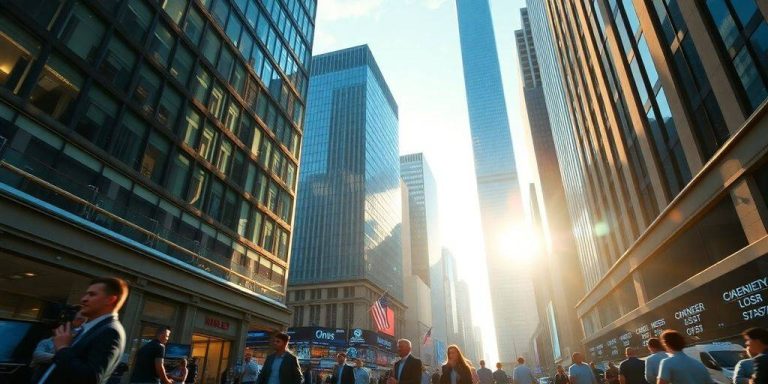 A vibrant financial district bustling with activity.