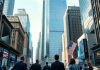 Financial district with professionals discussing hedge fund activities.