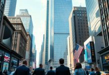 Financial district with professionals discussing hedge fund activities.