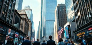 Financial district with professionals discussing hedge fund activities.