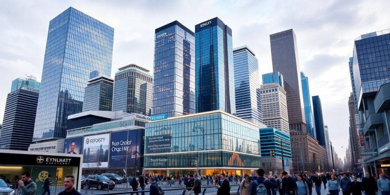 City skyline with financial buildings and busy streets.