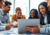 Diverse professionals collaborating in a modern financial office.