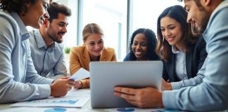 Diverse professionals collaborating in a modern financial office.