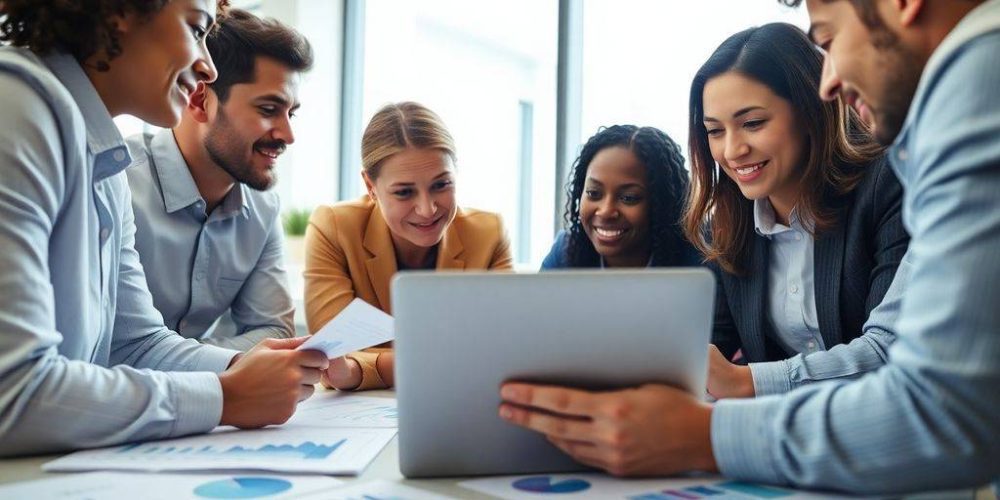 Diverse professionals collaborating in a modern financial office.