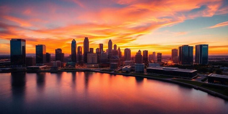 Dallas skyline at sunset with modern buildings and reflections.