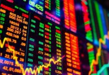 Colorful digital stock ticker display with dynamic movement.