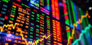 Colorful digital stock ticker display with dynamic movement.