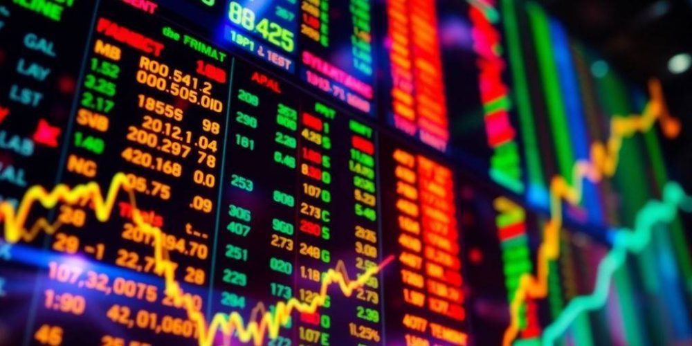 Colorful digital stock ticker display with dynamic movement.