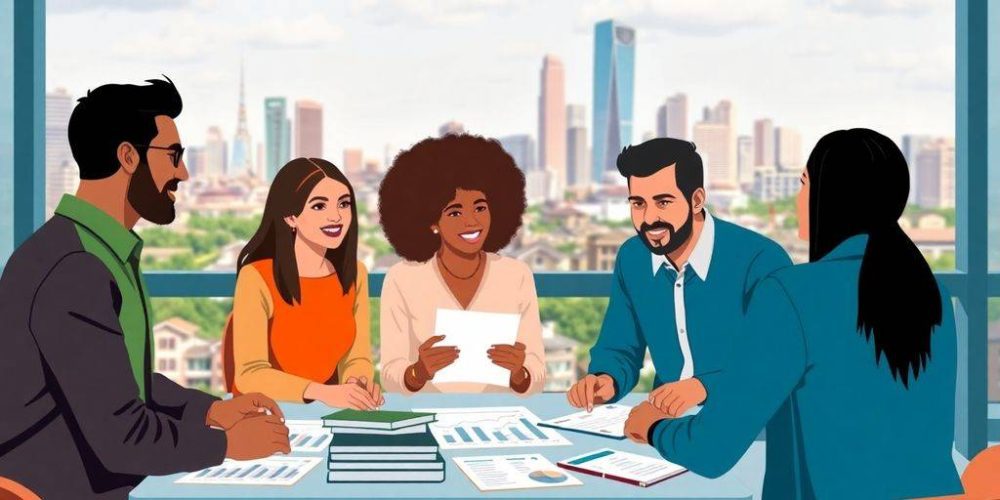 Group discussing investment strategies in an urban setting.