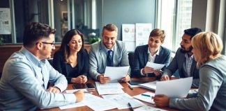 Investors collaborating on an investment strategy in a modern office.