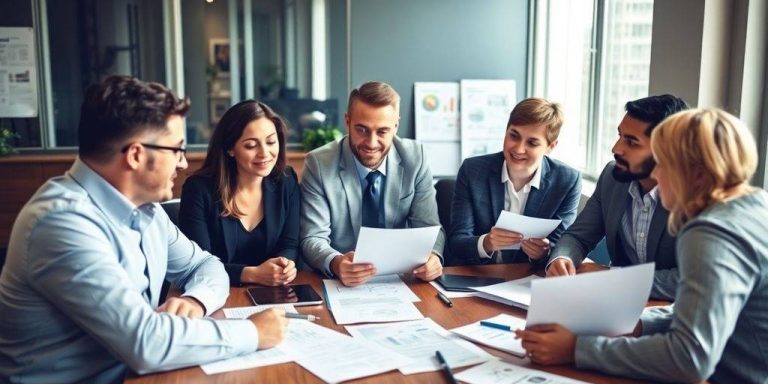 Investors collaborating on an investment strategy in a modern office.