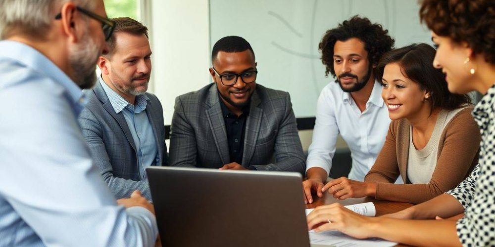 Group of investors discussing strategies around a table.