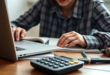Student studying financial management notes and tools on desk.