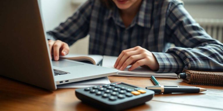 Student studying financial management notes and tools on desk.