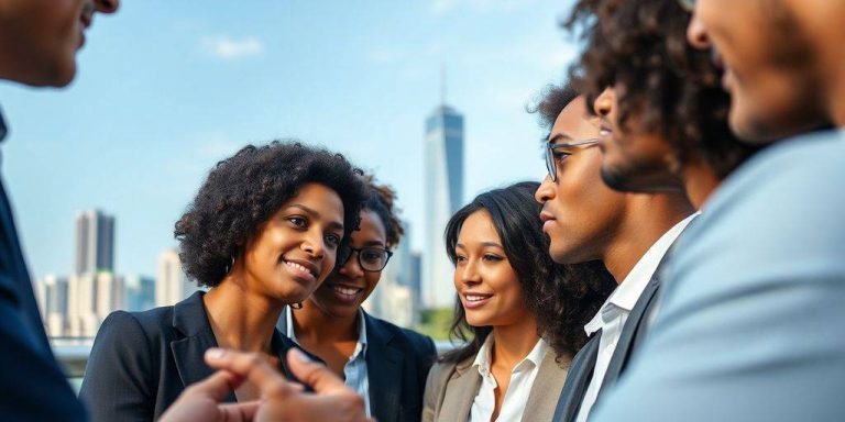 Diverse professionals discussing finance concepts in an urban setting.