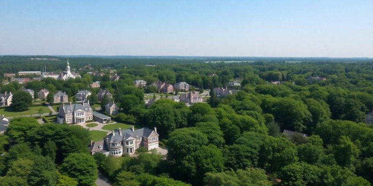 Aerial view of Greenwich CT, showcasing upscale neighborhoods.