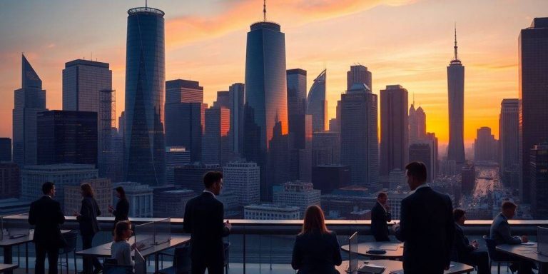 City skyline and office scene in a financial setting.