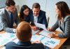 Finance professionals collaborating in a hedge fund office setting.