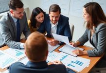 Finance professionals collaborating in a hedge fund office setting.