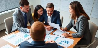 Finance professionals collaborating in a hedge fund office setting.