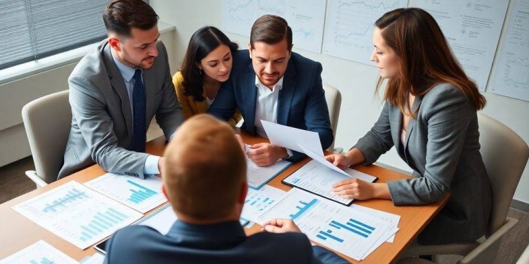 Finance professionals collaborating in a hedge fund office setting.