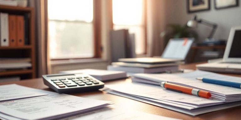 Office workspace with financial planning materials and calculator.