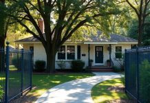 A safe home with a secure fence and greenery.