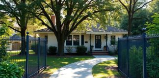A safe home with a secure fence and greenery.