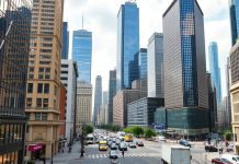 City skyline featuring prominent investment banks and financial buildings.