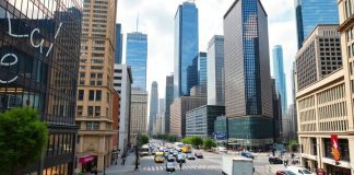 City skyline featuring prominent investment banks and financial buildings.