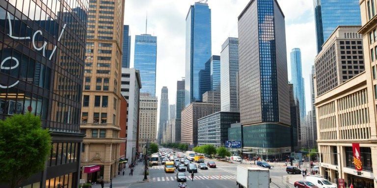 City skyline featuring prominent investment banks and financial buildings.