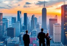 City skyline with finance professionals discussing opportunities.