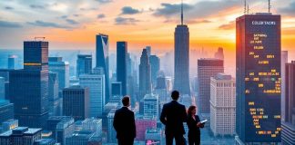 City skyline with finance professionals discussing opportunities.