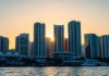 West Palm Beach skyline with a financial district at sunset.