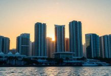 West Palm Beach skyline with a financial district at sunset.