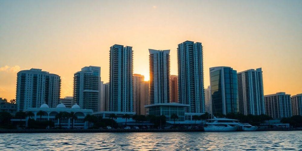 West Palm Beach skyline with a financial district at sunset.