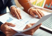 Businessperson reviewing financial documents and charts.